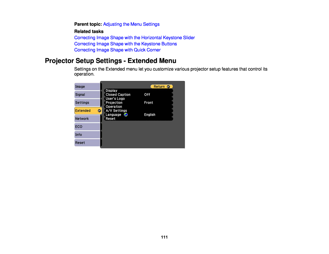 Epson 955W, 965, 98, 99W, 97 manual Projector Setup Settings - Extended Menu, Parent topic Adjusting the Menu Settings 