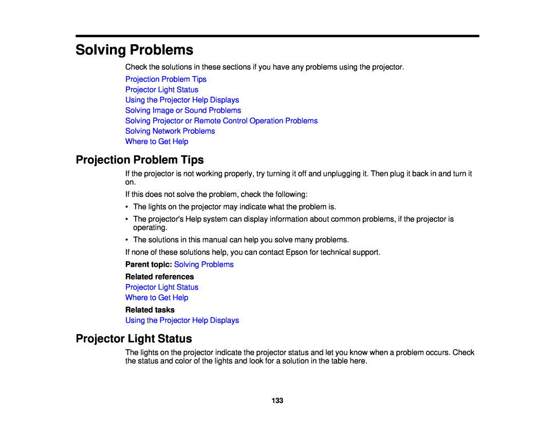 Epson 99W Solving Problems, Projection Problem Tips, Projector Light Status, Solving Network Problems Where to Get Help 