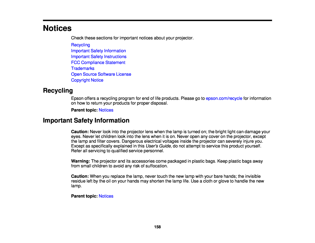 Epson 99W, 965, 955W, 98, 97 manual Notices, Recycling, Important Safety Information, Copyright Notice 