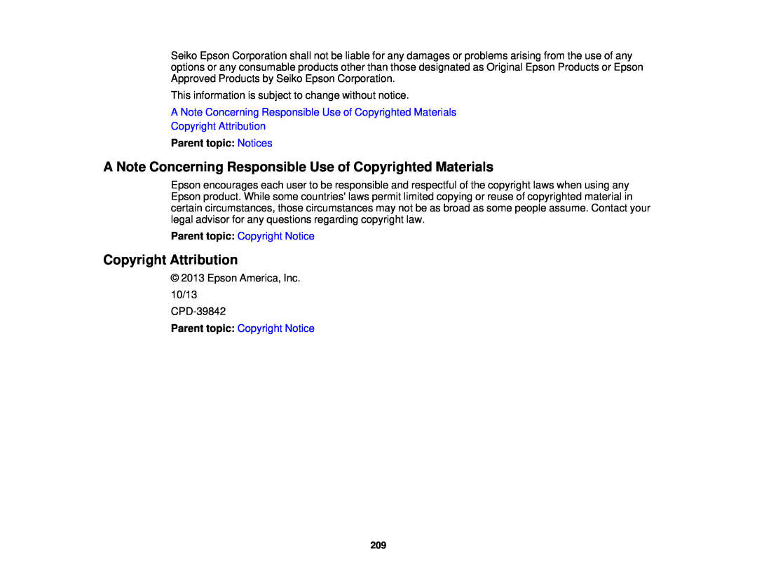 Epson 97 A Note Concerning Responsible Use of Copyrighted Materials, Copyright Attribution, Parent topic Copyright Notice 