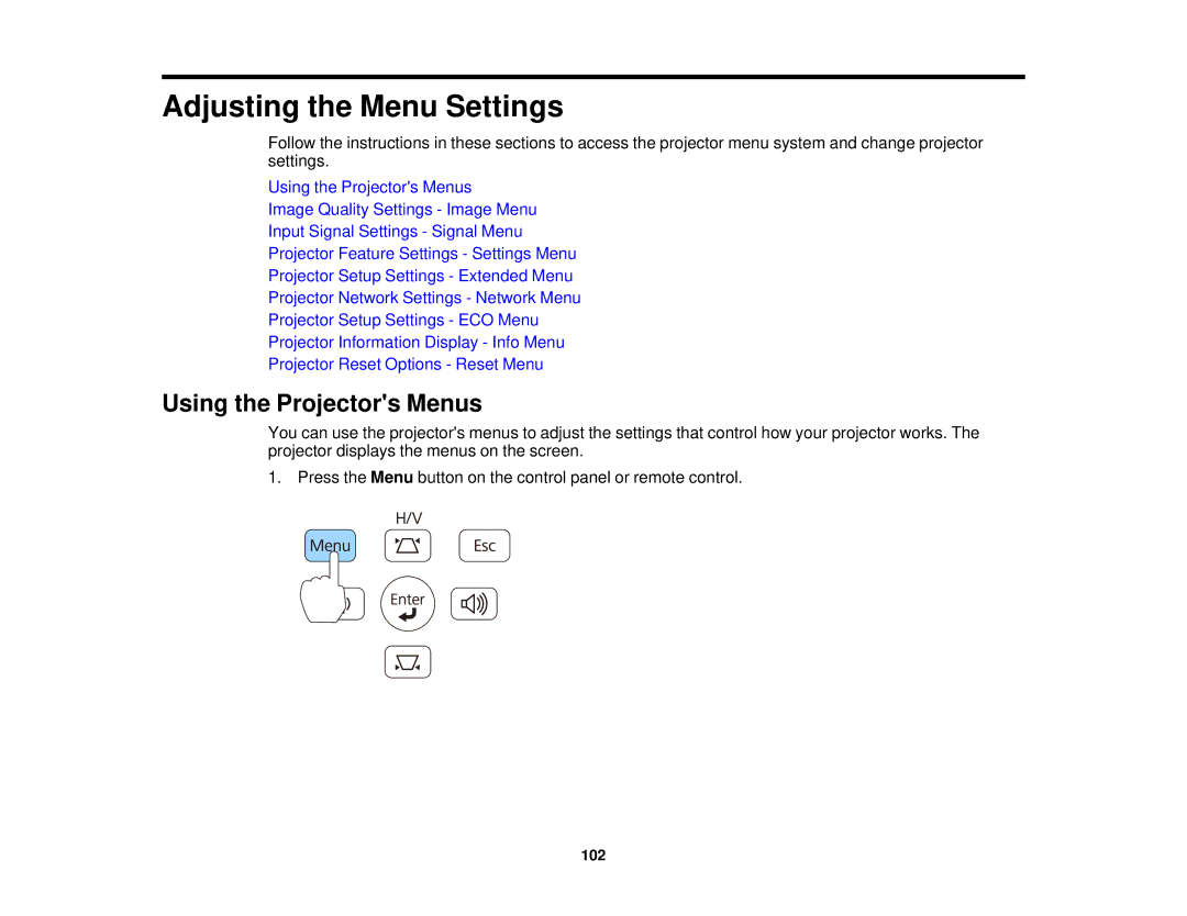 Epson 98, 965, 955W, 99W, 97 manual Adjusting the Menu Settings, Using the Projectors Menus 