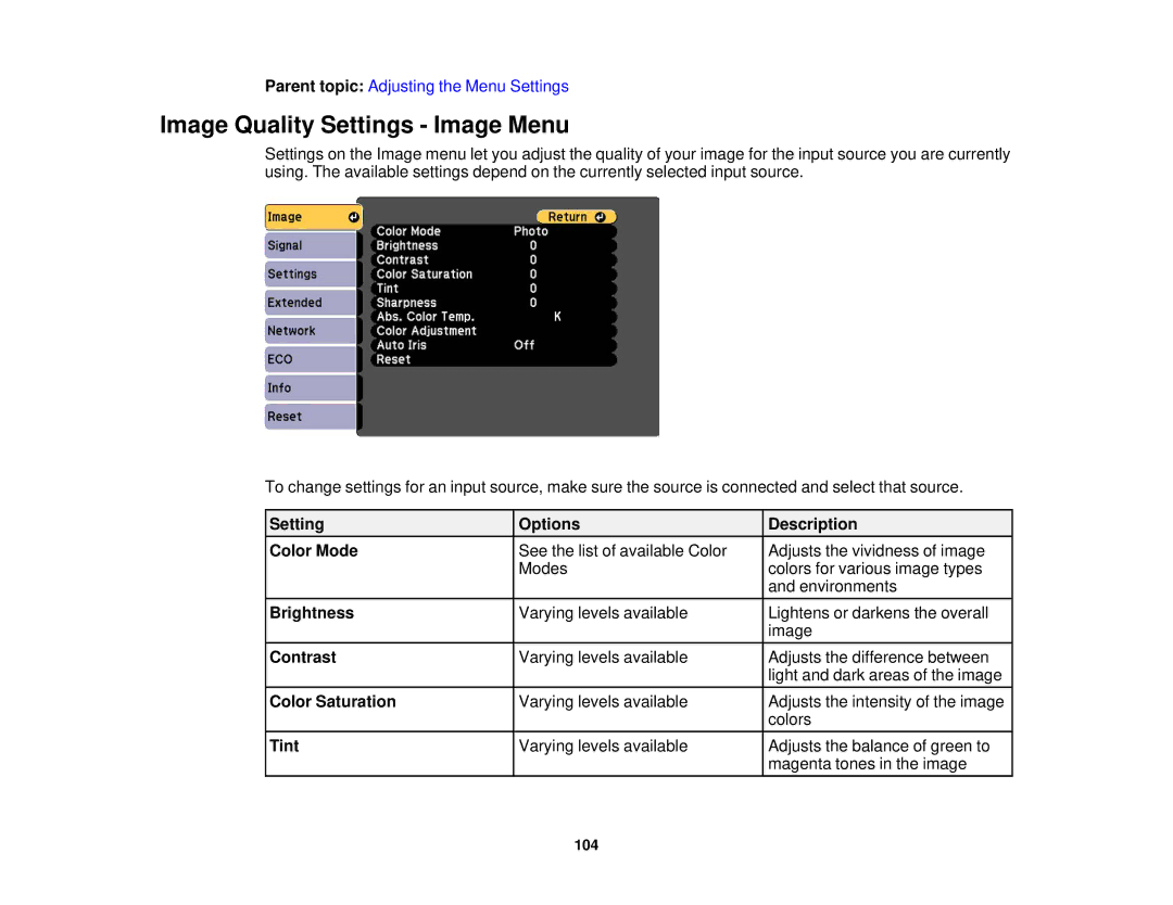 Epson 97, 965, 955W, 98, 99W manual Image Quality Settings Image Menu 