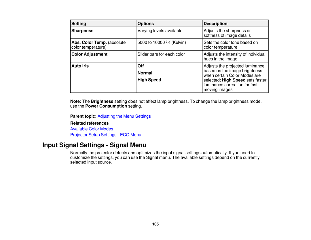 Epson 965, 955W, 98, 99W, 97 manual Input Signal Settings Signal Menu 