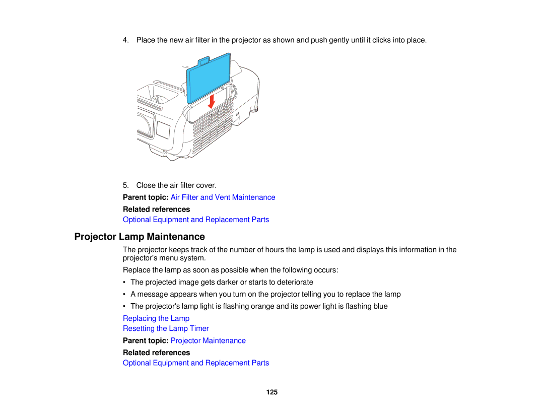 Epson 965, 955W, 98, 99W, 97 manual Projector Lamp Maintenance 