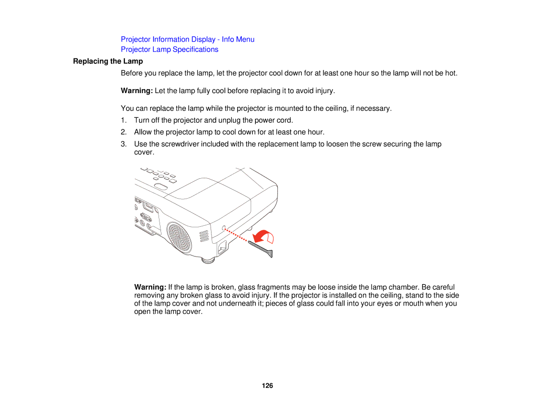 Epson 955W, 965, 98, 99W, 97 manual Replacing the Lamp 