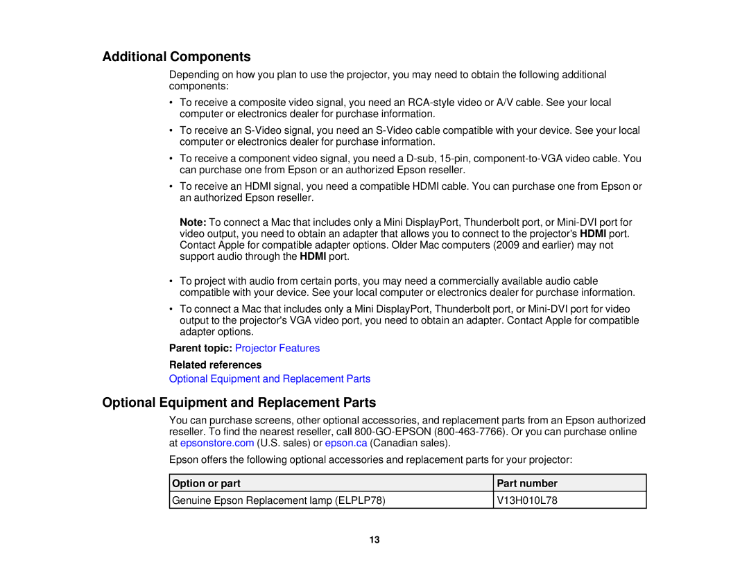 Epson 99W Additional Components, Optional Equipment and Replacement Parts, Related references, Option or part Part number 