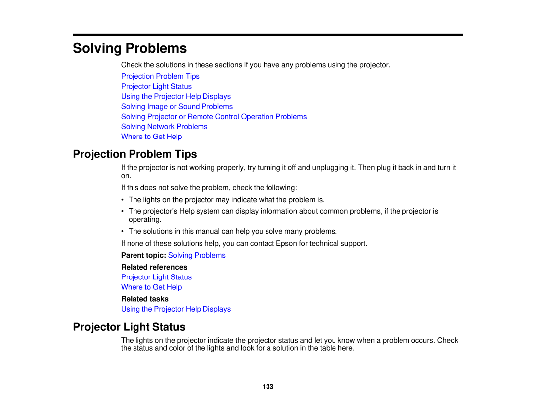 Epson 99W, 965, 955W, 98, 97 manual Projection Problem Tips, Projector Light Status 