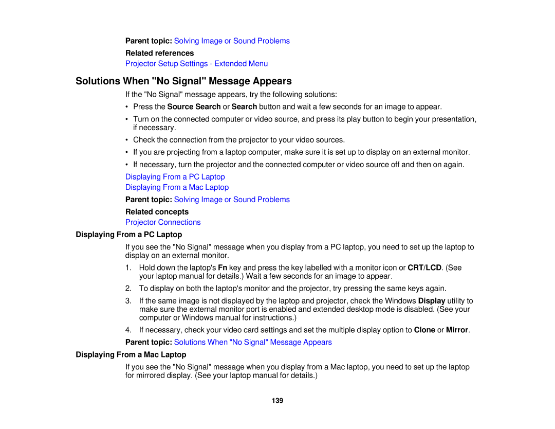 Epson 97, 965, 955W, 98 Solutions When No Signal Message Appears, Displaying From a PC Laptop, Displaying From a Mac Laptop 