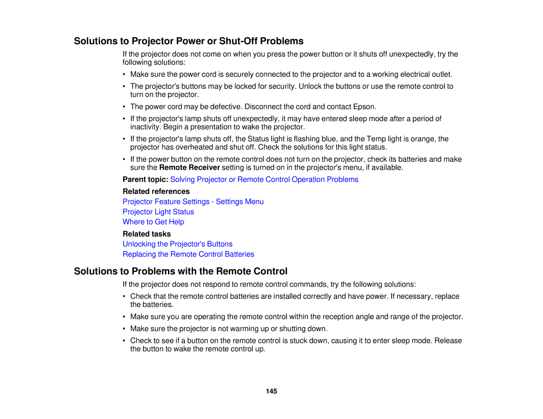 Epson 965, 955W, 98, 99W, 97 Solutions to Projector Power or Shut-Off Problems, Solutions to Problems with the Remote Control 