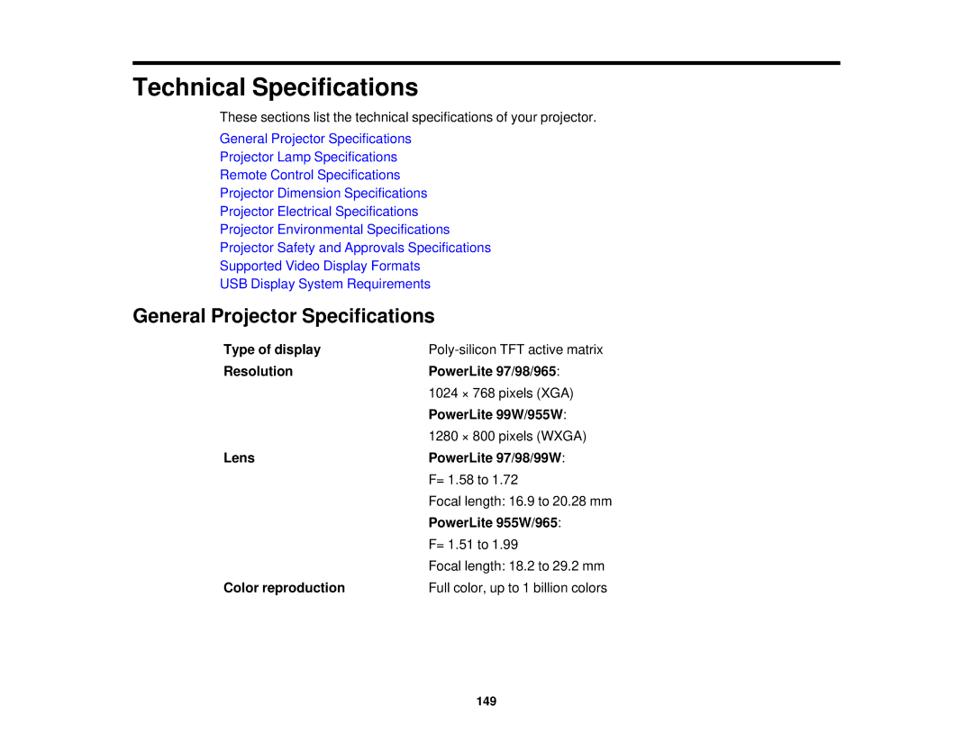 Epson 97, 965, 955W, 98, 99W manual General Projector Specifications 