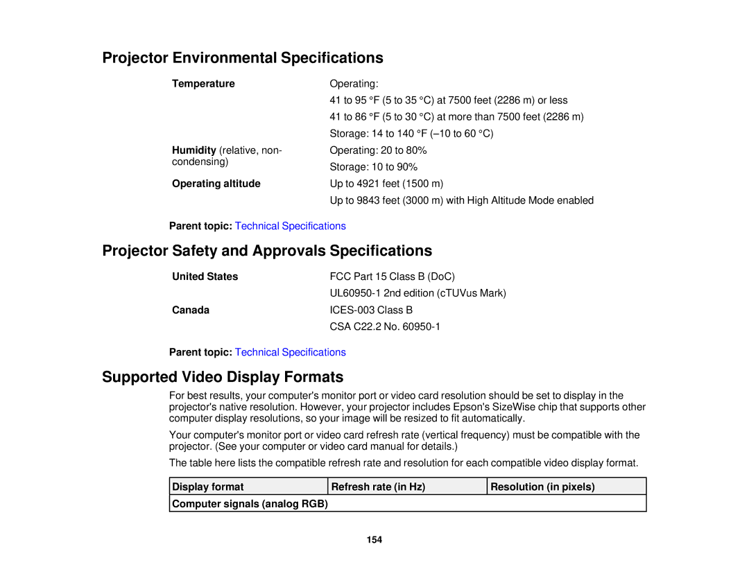 Epson 97, 965, 955W, 98, 99W manual Projector Environmental Specifications, Projector Safety and Approvals Specifications 