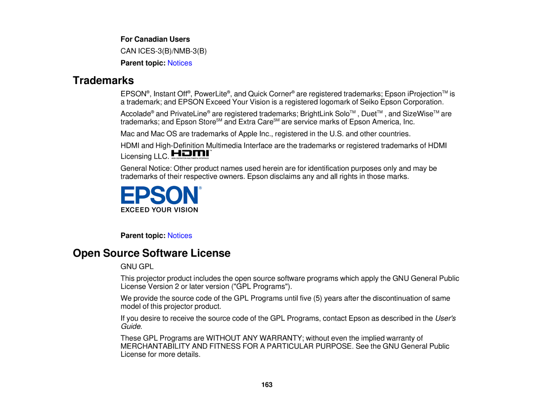 Epson 99W, 965, 955W, 98, 97 manual Trademarks, Open Source Software License, For Canadian Users 