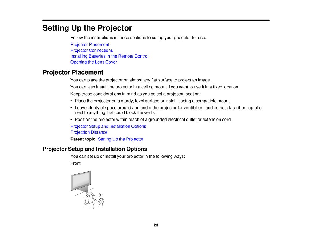 Epson 99W, 965, 955W, 98, 97 manual Projector Placement, Projector Setup and Installation Options 