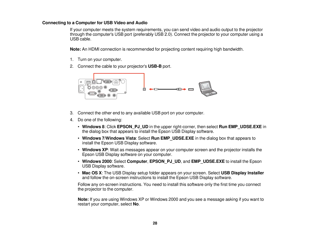 Epson 99W, 965, 955W, 98, 97 manual Connecting to a Computer for USB Video and Audio 