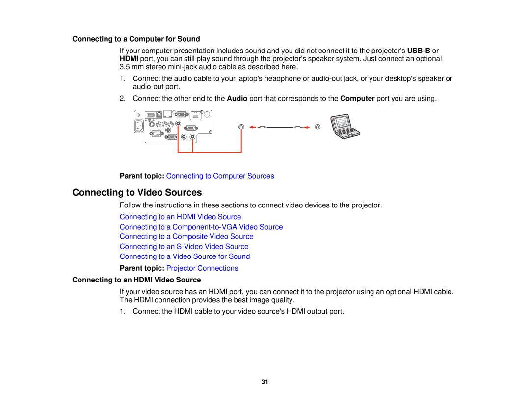 Epson 955W, 965, 98, 99W Connecting to Video Sources, Connecting to a Computer for Sound, Connecting to an Hdmi Video Source 