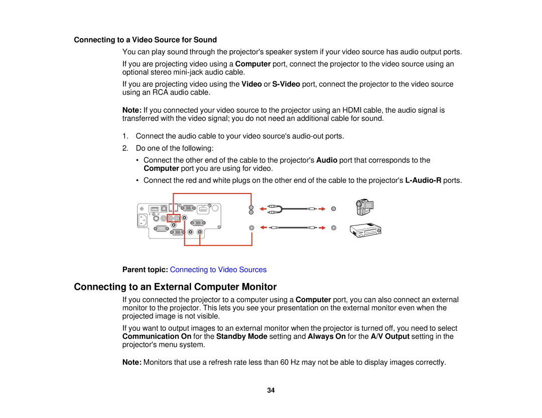 Epson 97, 965, 955W, 98, 99W manual Connecting to an External Computer Monitor, Connecting to a Video Source for Sound 