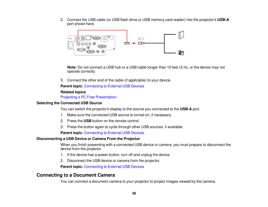 Epson 99W, 965, 955W, 98, 97 manual Connecting to a Document Camera, Selecting the Connected USB Source 