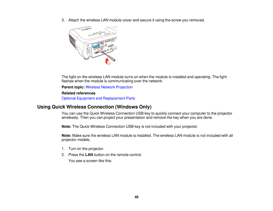 Epson 99W, 965, 955W, 98, 97 manual Using Quick Wireless Connection Windows Only 