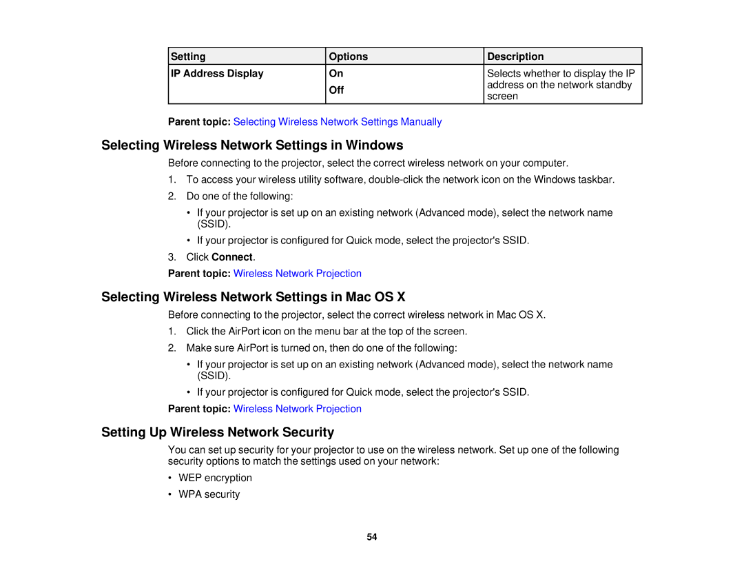 Epson 97, 965, 955W, 98, 99W Selecting Wireless Network Settings in Windows, Selecting Wireless Network Settings in Mac OS 