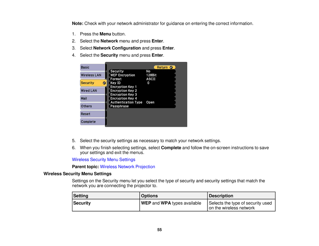 Epson 965, 955W, 98, 99W, 97 manual Select Network Configuration and press Enter, Wireless Security Menu Settings 