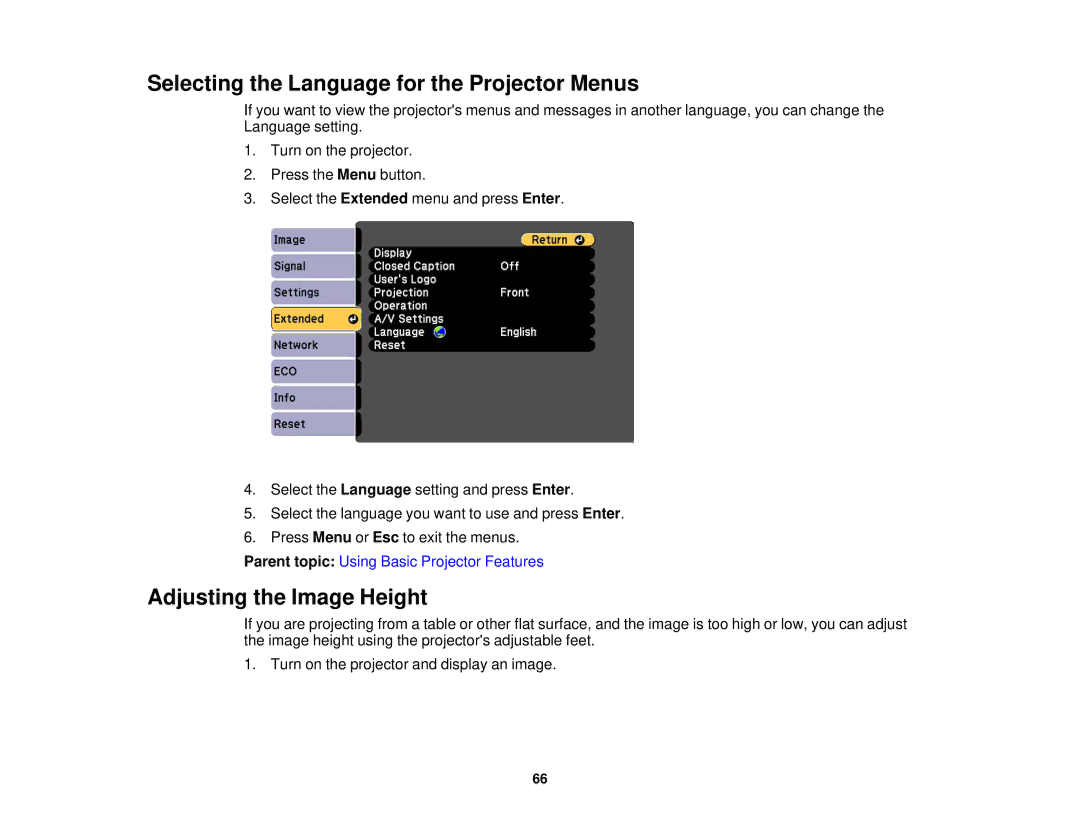 Epson 955W, 965, 98, 99W, 97 manual Selecting the Language for the Projector Menus, Adjusting the Image Height 