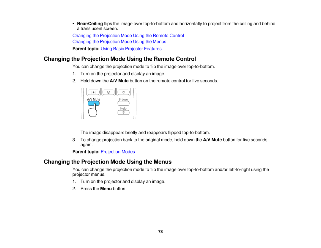 Epson 99W, 965, 955W, 98 Changing the Projection Mode Using the Remote Control, Changing the Projection Mode Using the Menus 