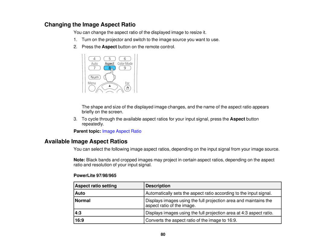 Epson 965, 955W, 98, 99W, 97 manual Changing the Image Aspect Ratio, Available Image Aspect Ratios 