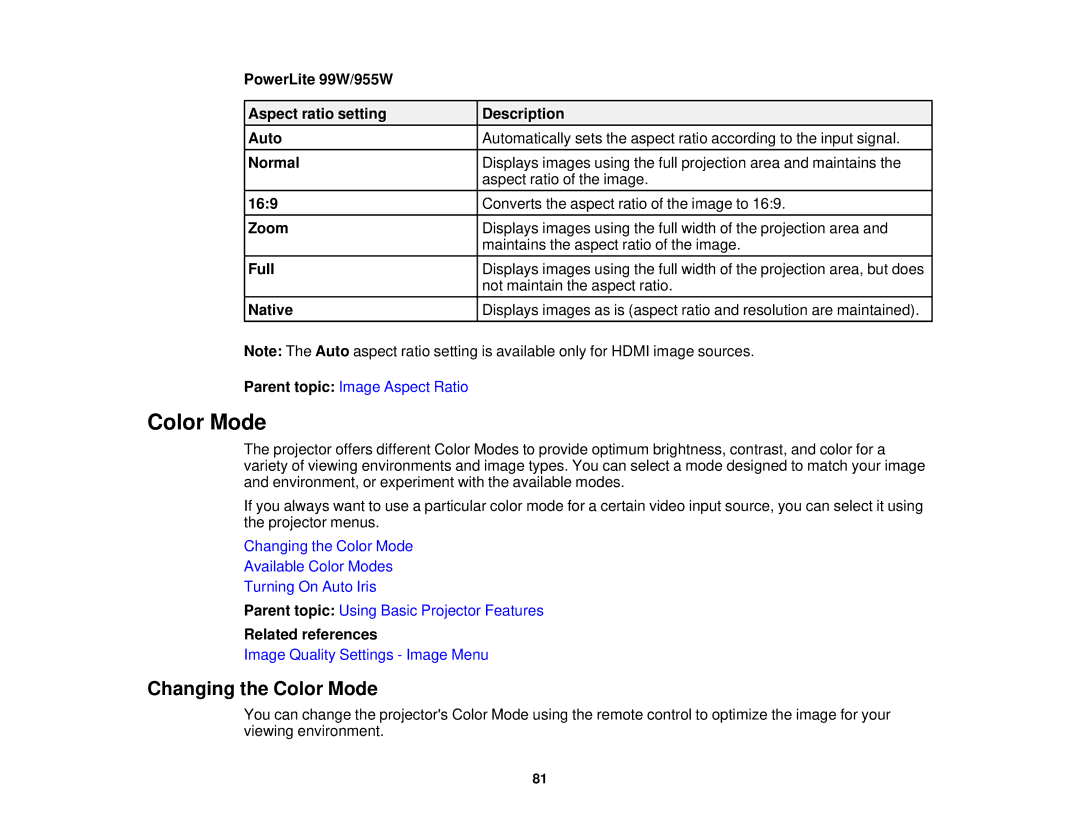 Epson 955W, 965, 98, 99W, 97 manual Changing the Color Mode 