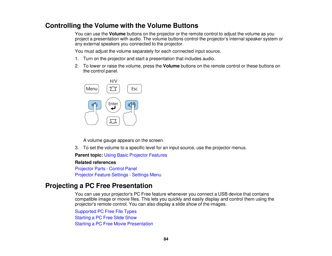 Epson 97, 965, 955W, 98, 99W manual Controlling the Volume with the Volume Buttons, Projecting a PC Free Presentation 