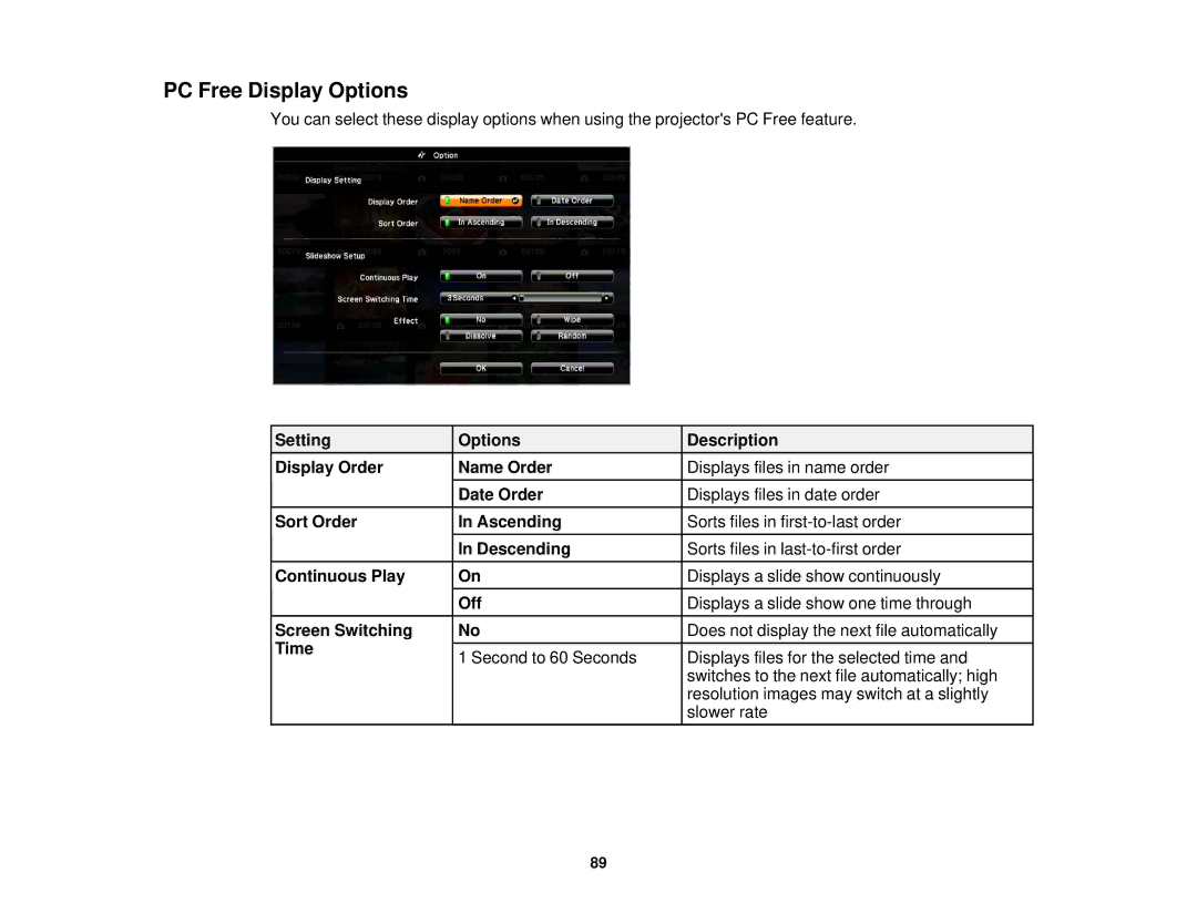 Epson 97, 965, 955W, 98, 99W manual PC Free Display Options 