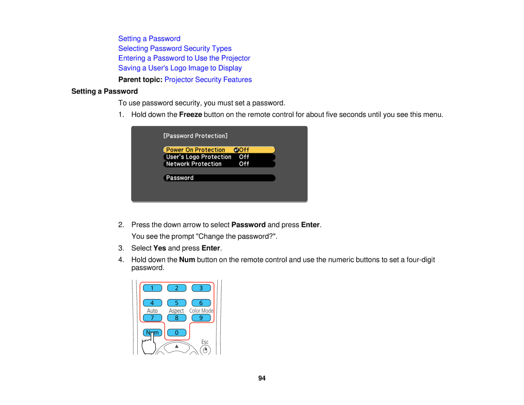 Epson 97, 965, 955W, 98, 99W manual Setting a Password 