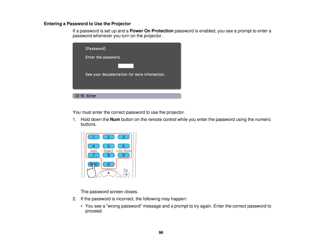 Epson 955W, 965, 98, 99W, 97 manual Entering a Password to Use the Projector 