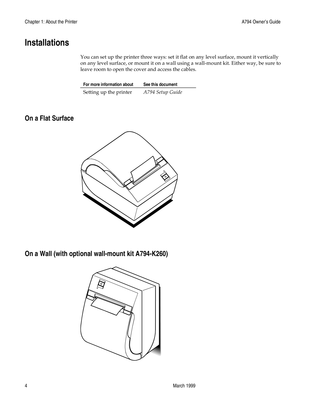 Epson A794-D100 manual Installations, Setting up the printer 