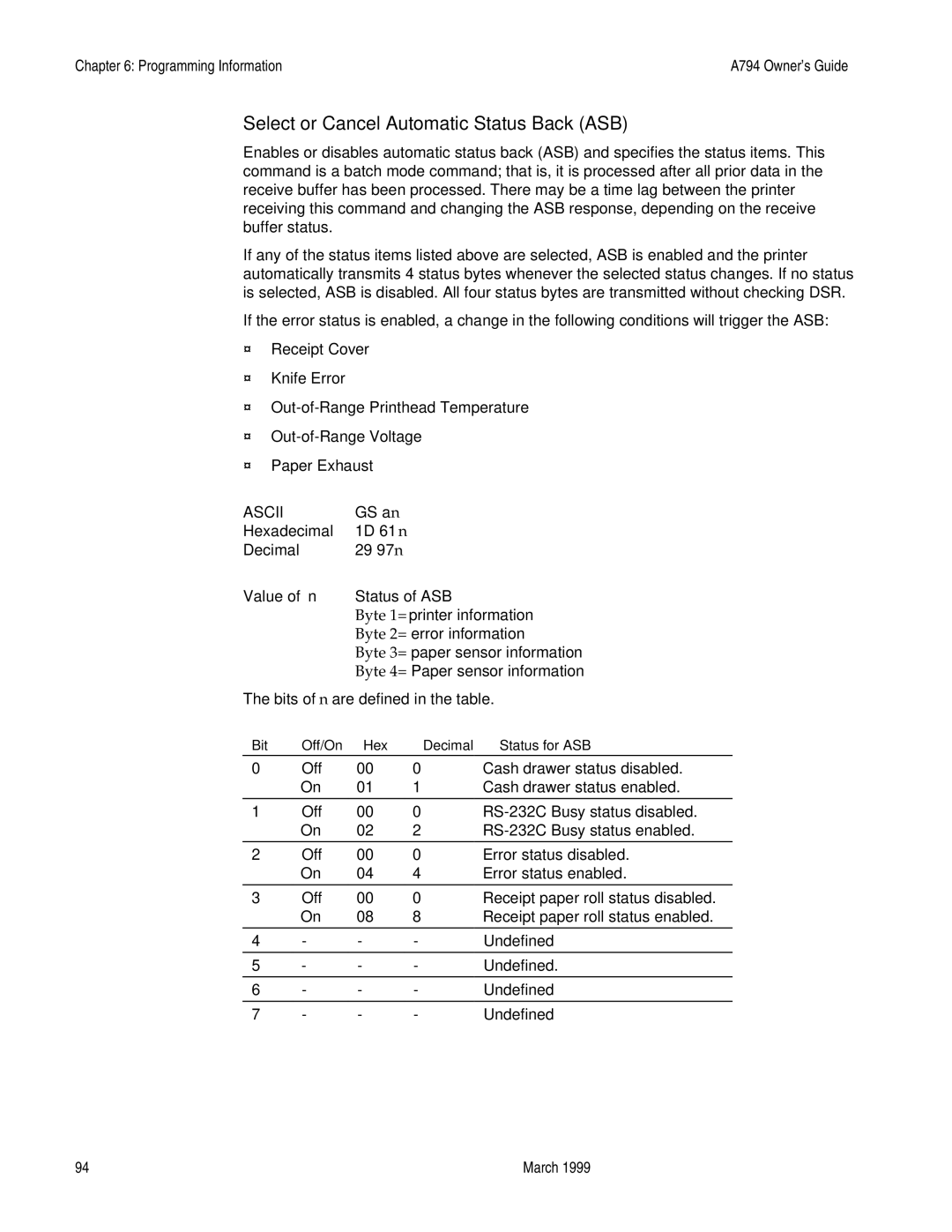 Epson A794-D100 manual Select or Cancel Automatic Status Back ASB, Hexadecimal 