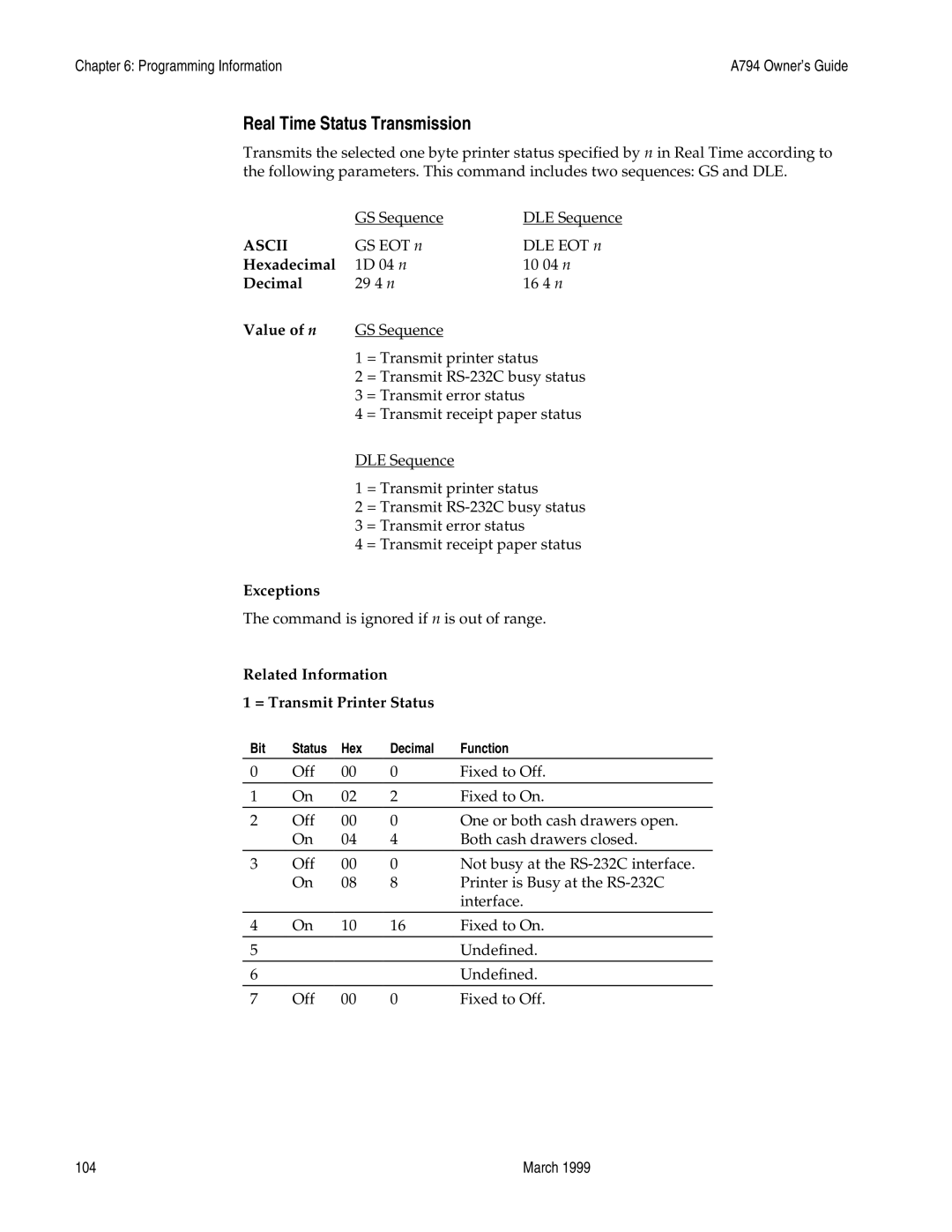 Epson A794-D100 manual Real Time Status Transmission, Related Information = Transmit Printer Status 