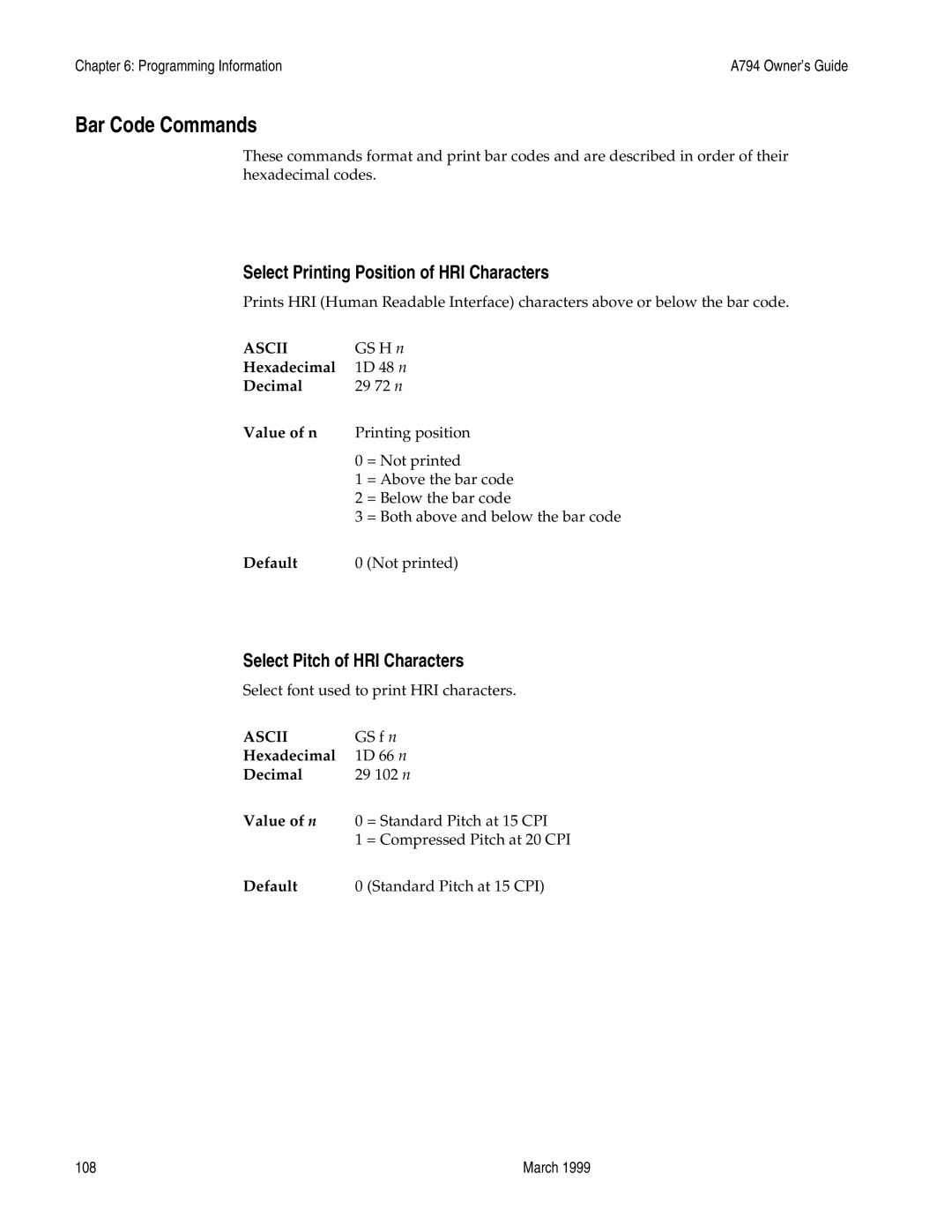 Epson A794-D100 manual Bar Code Commands, Select Printing Position of HRI Characters, Select Pitch of HRI Characters 