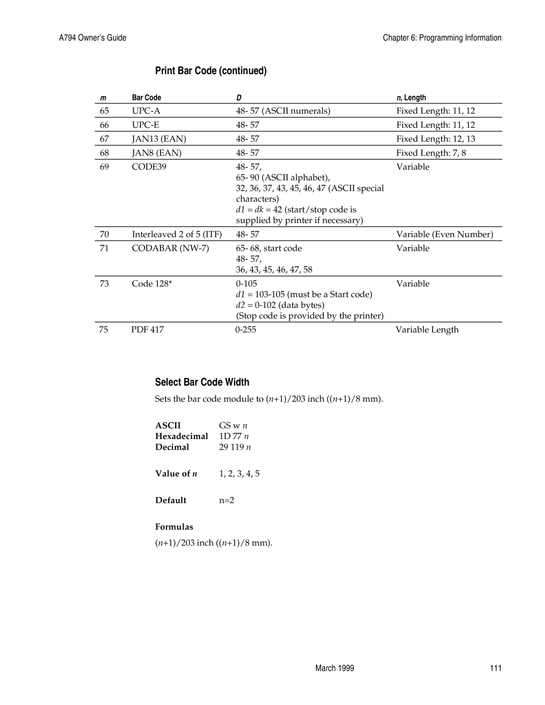 Epson A794-D100 manual Select Bar Code Width, Default Formulas 