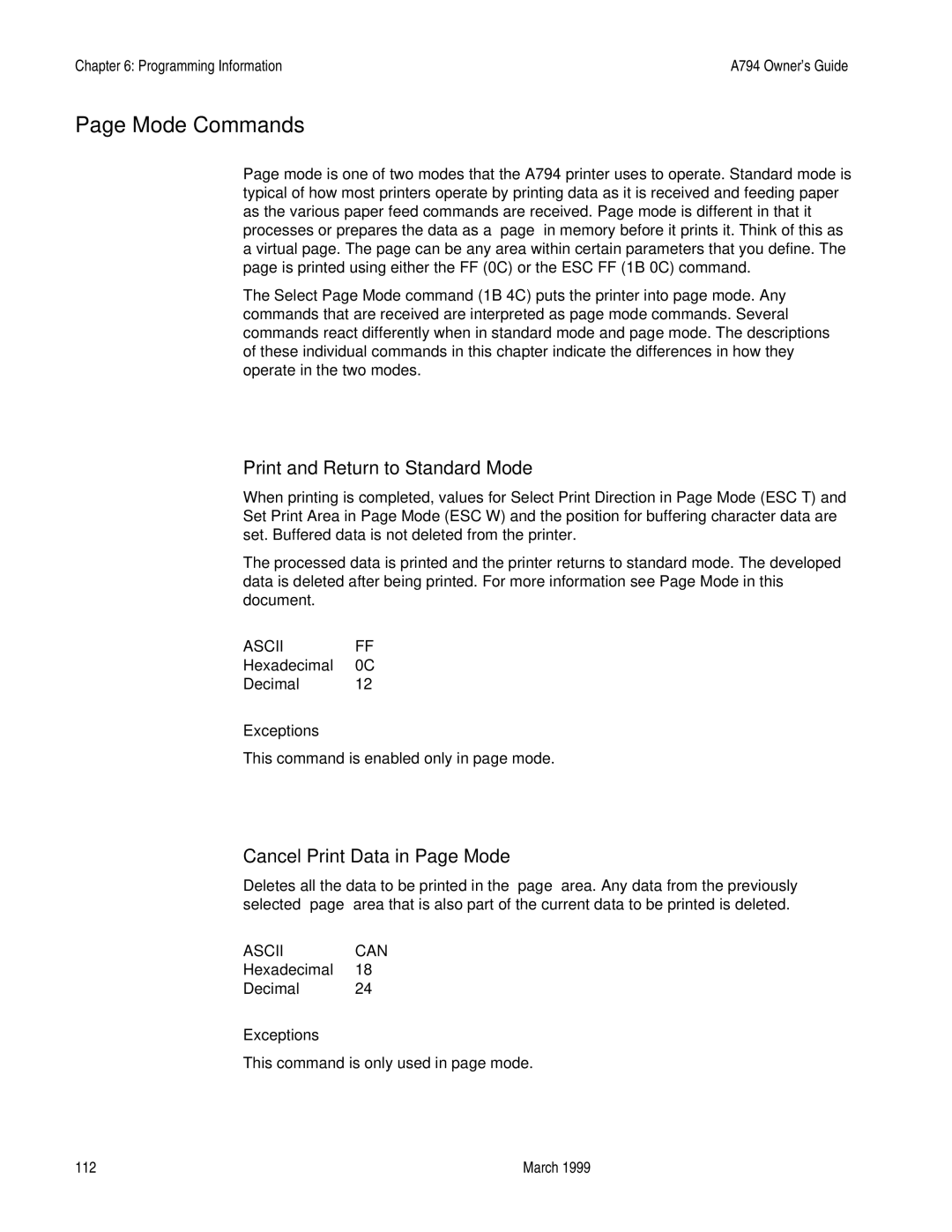 Epson A794-D100 manual Mode Commands, Print and Return to Standard Mode, Cancel Print Data in Page Mode 