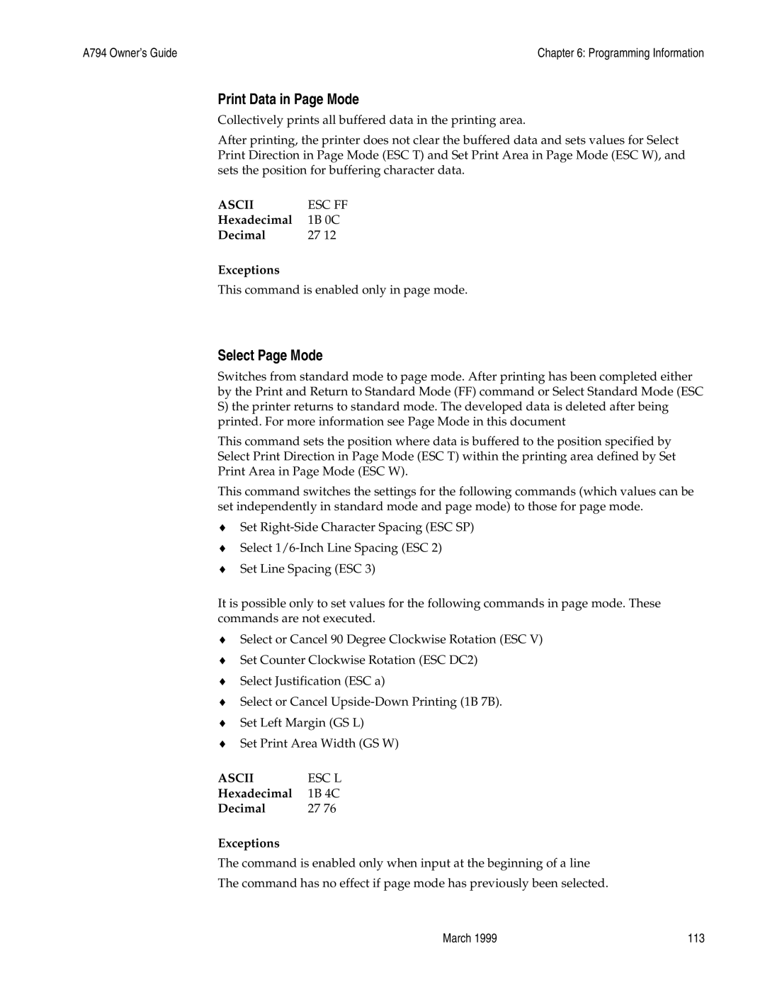 Epson A794-D100 manual Print Data in Page Mode, Select Page Mode, Hexadecimal 1B 0C Decimal Exceptions 