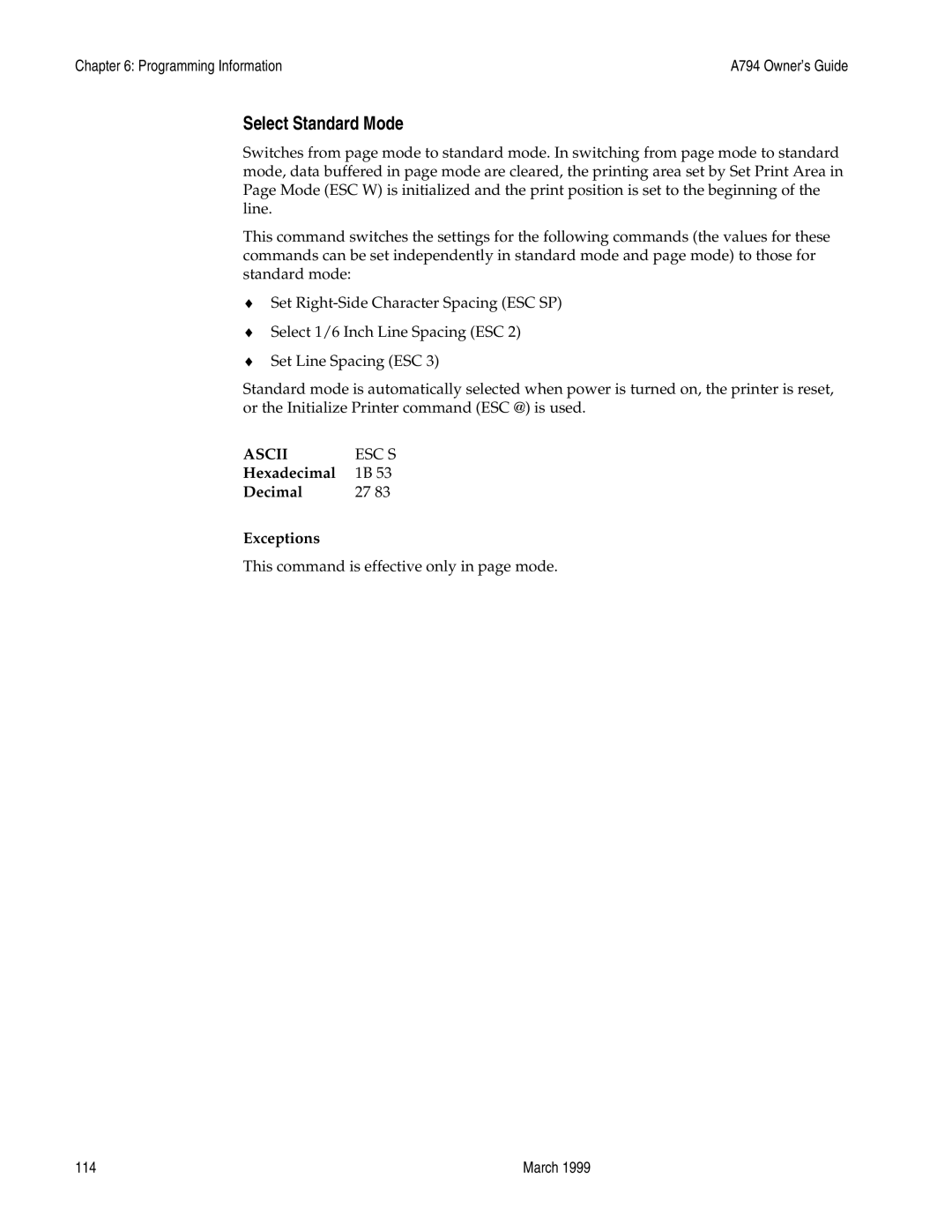 Epson A794-D100 manual Select Standard Mode, Ascii ESC S 