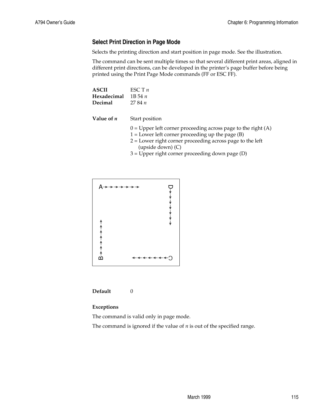 Epson A794-D100 manual Select Print Direction in Page Mode, Default Exceptions 