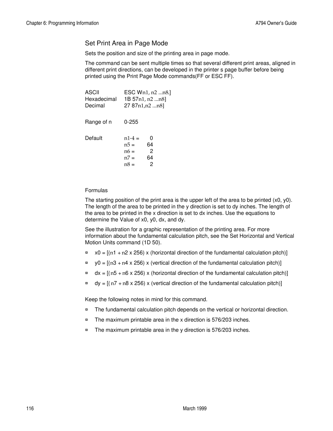 Epson A794-D100 manual Set Print Area in Page Mode, Range of n 