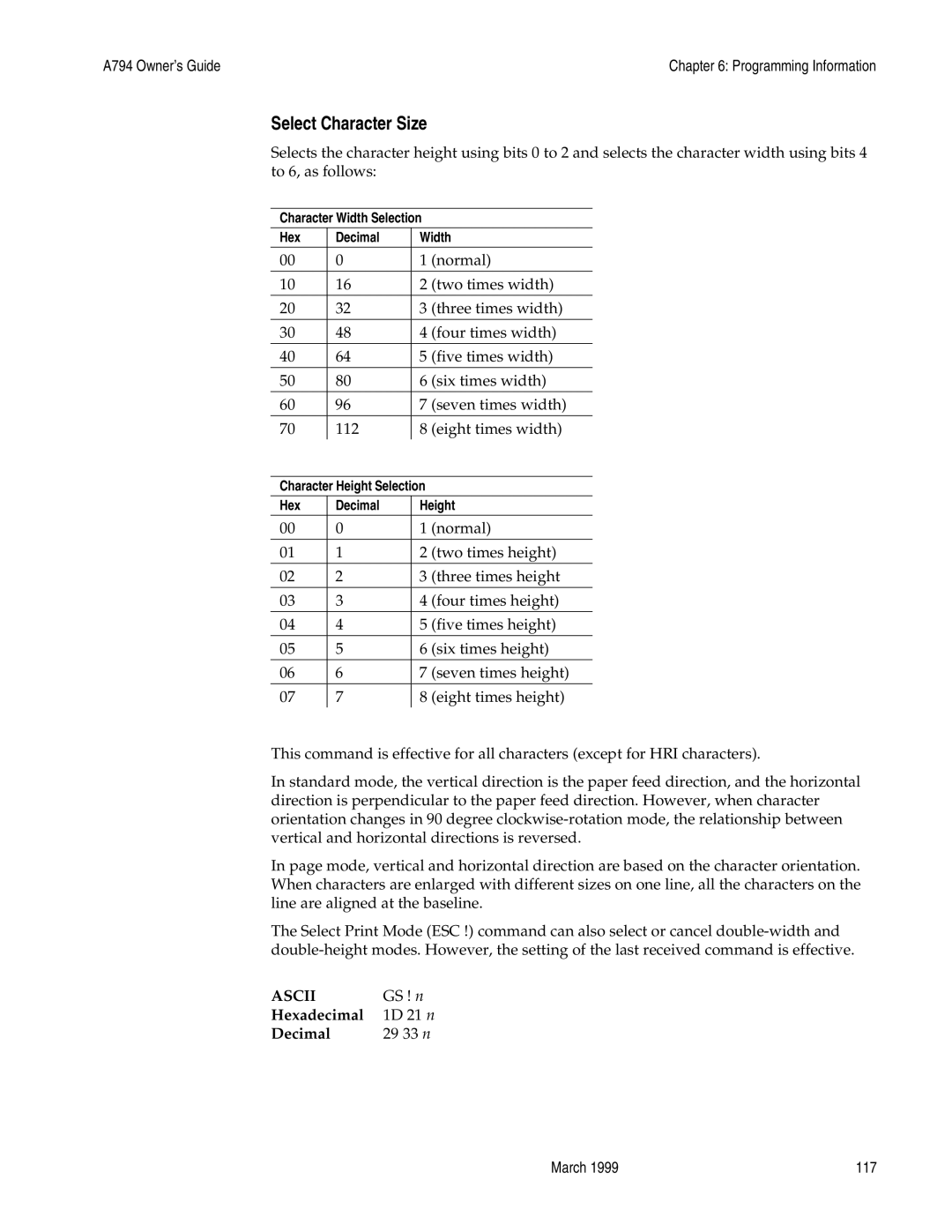 Epson A794-D100 manual Select Character Size 