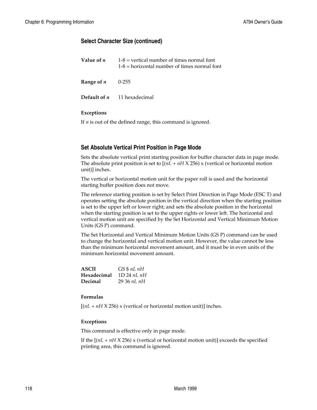 Epson A794-D100 manual Set Absolute Vertical Print Position in Page Mode, Exceptions 