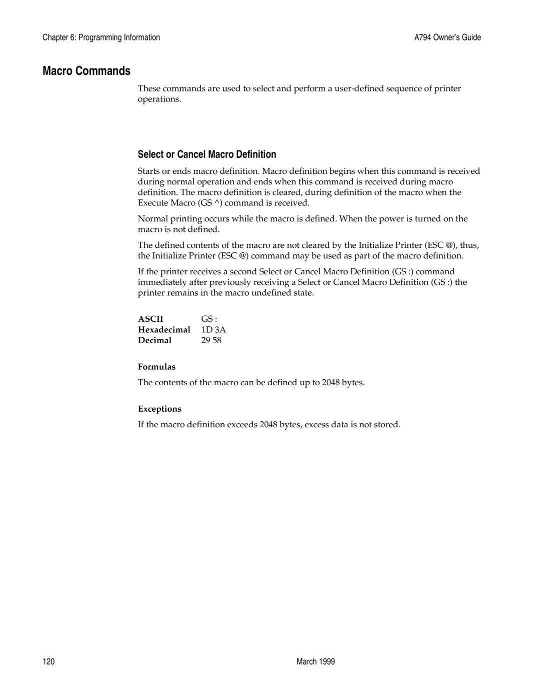 Epson A794-D100 manual Macro Commands, Select or Cancel Macro Definition, Hexadecimal 1D 3A Decimal Formulas 