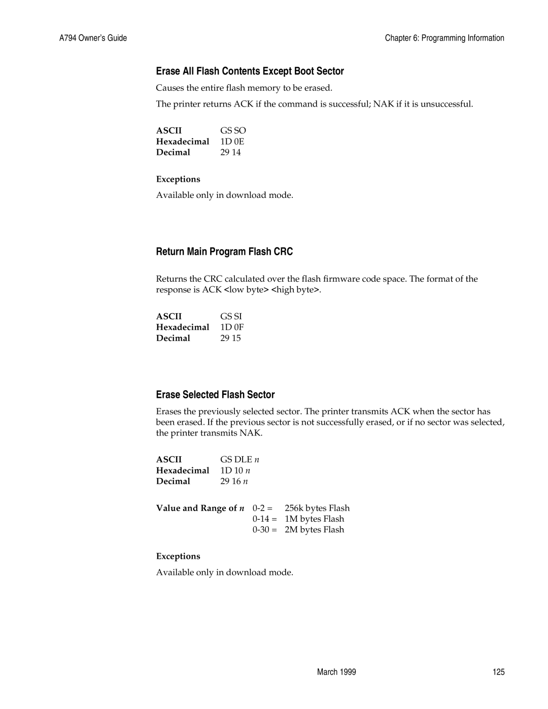 Epson A794-D100 Erase All Flash Contents Except Boot Sector, Return Main Program Flash CRC, Erase Selected Flash Sector 