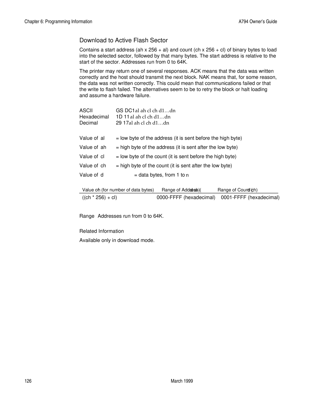 Epson A794-D100 manual Download to Active Flash Sector, Ch * 256 + cl Ffff hexadecimal 