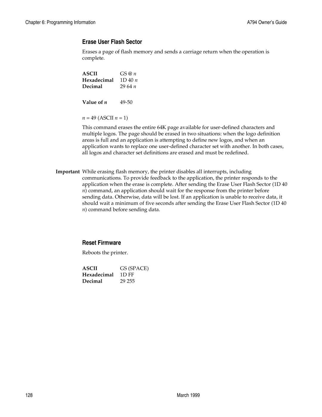 Epson A794-D100 manual Erase User Flash Sector, Reset Firmware 