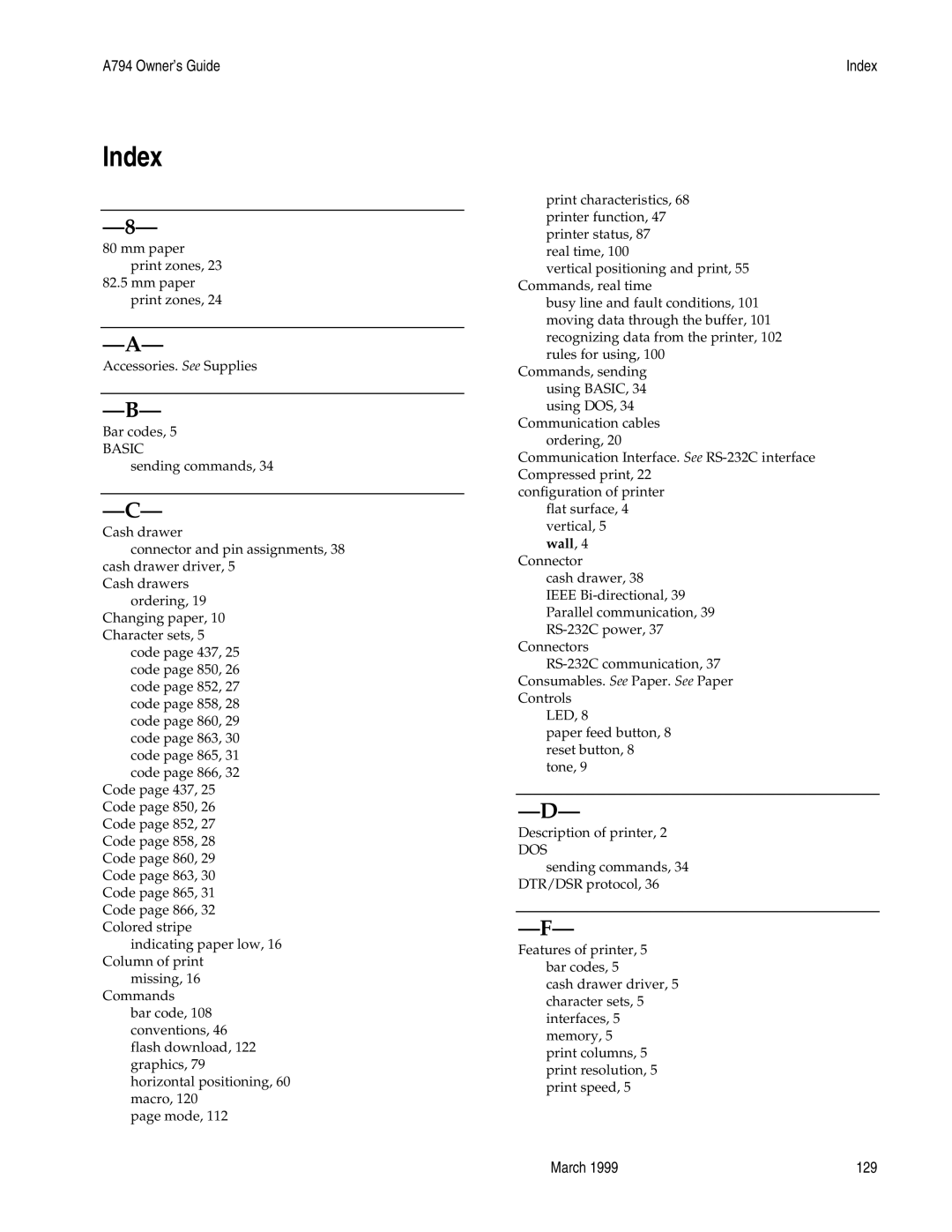 Epson A794-D100 manual Index, Basic 