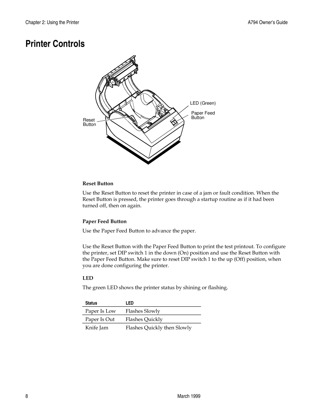 Epson A794-D100 manual Printer Controls, Reset Button, Paper Feed Button 